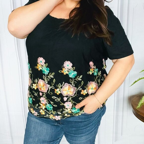 NWT Black Floral Embroidery and Lace Smocked Top - Picture 12 of 15